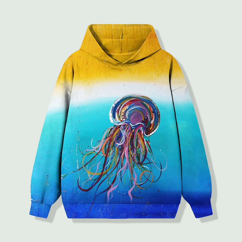 Contrast Ombre Funny Rainbow Striped Jellyfish Long Sleeved Hoodie - Blue - 8XL - image 1