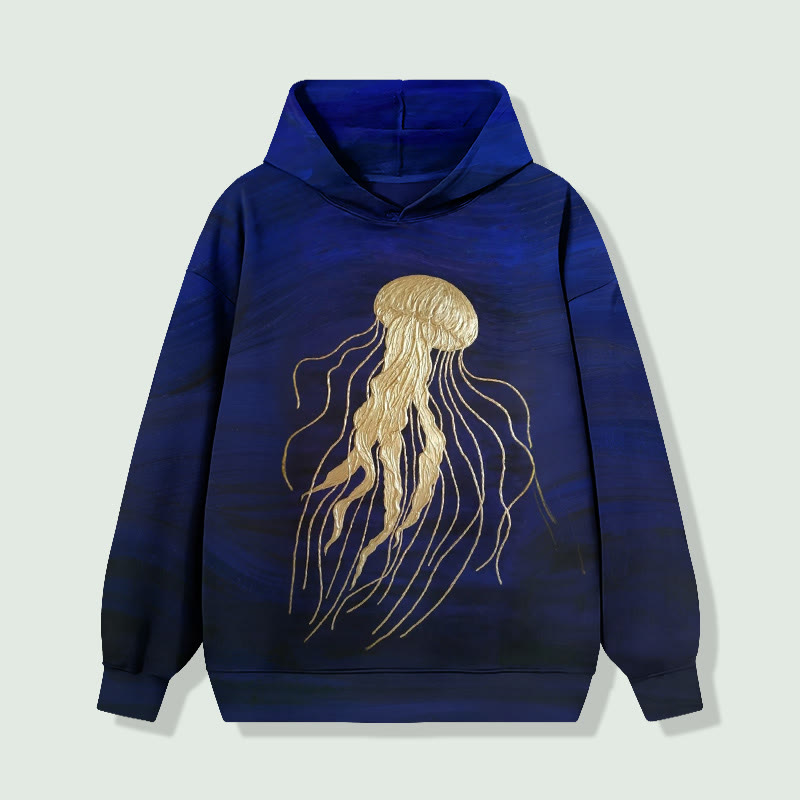 Classic Ombre Wavy Bronzing Jellyfish Long Sleeved Hoodie - Navy Blue - 8XL - image 1