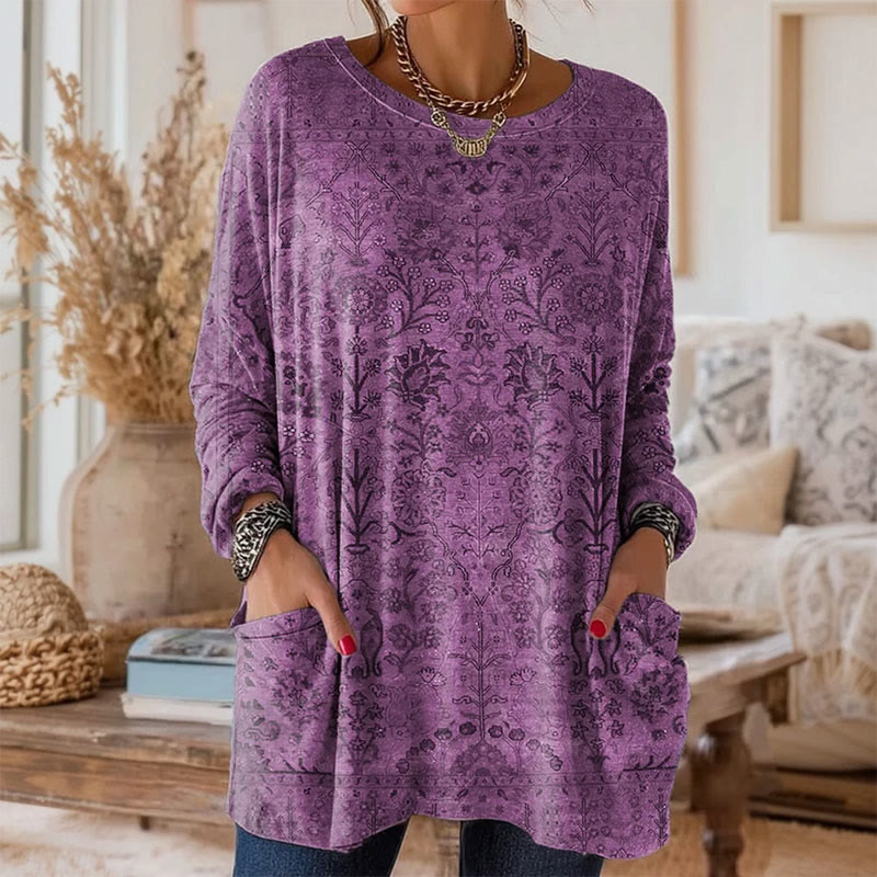 Retro Ethnic Style Art Print Crew Neck Long Sleeve T-Shirt - Purple - 5XL - image 3