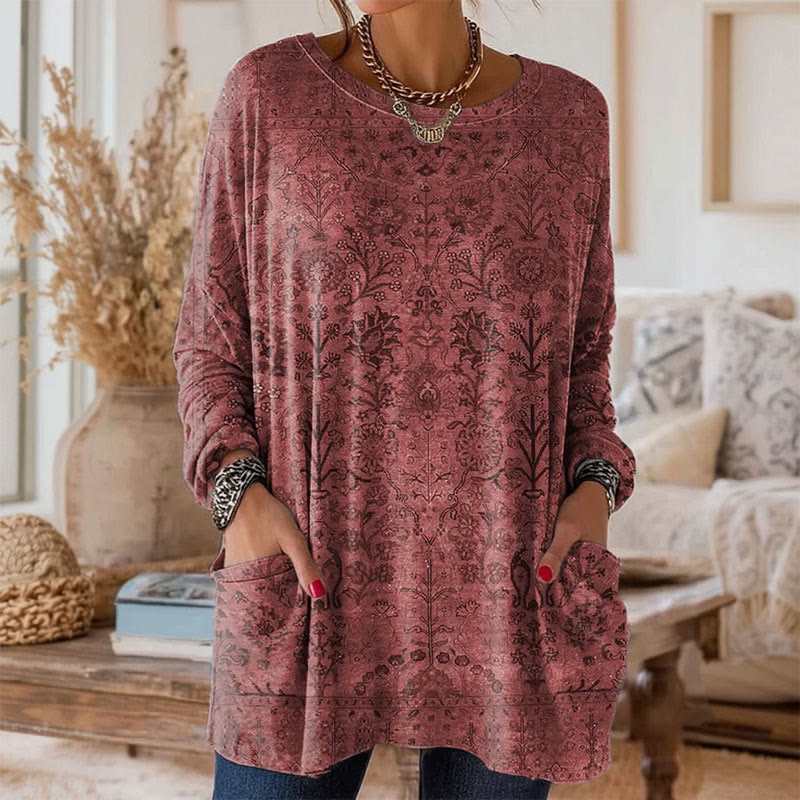 Retro Ethnic Style Art Print Crew Neck Long Sleeve T-Shirt - Red - 5XL - image 2