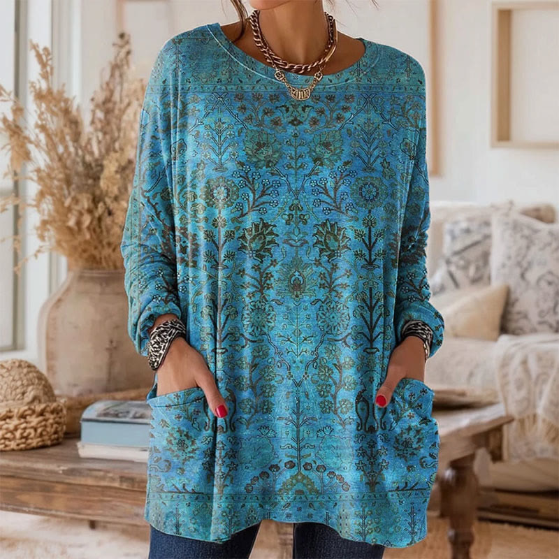 Retro Ethnic Style Art Print Crew Neck Long Sleeve T-Shirt - Blue - 5XL - image 1