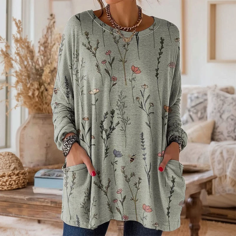 Retro Floral Art Print Long Sleeved T-Shirt - Green - 5XL - image 1