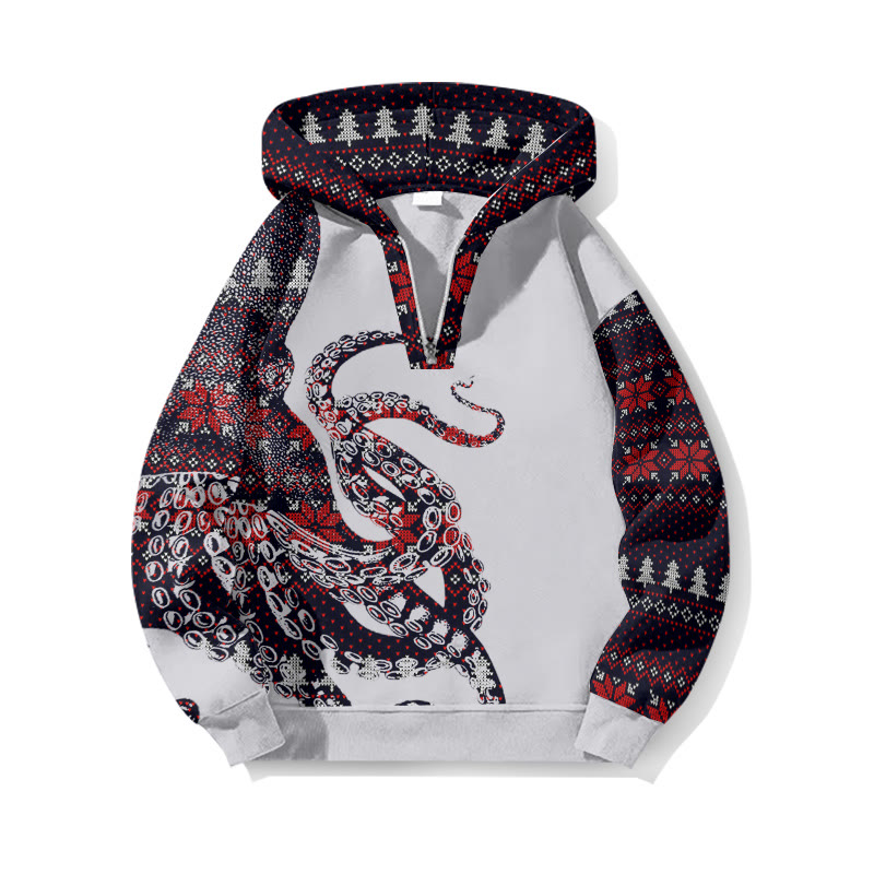 Christmas Snowflake Faux Knit Pattern Patchwork Japanese Art Octopus Print Half Zip Hoodie - Light Gray - US32-34(5XL) - image 2