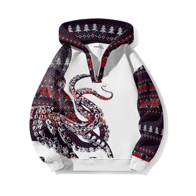 Christmas Snowflake Faux Knit Pattern Patchwork Japanese Art Octopus Print Half Zip Hoodie - White - US32-34(5XL) - image 1