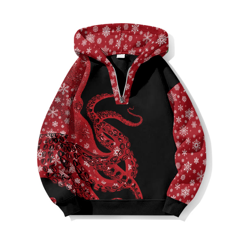 Christmas Snowflake Pattern Patchwork Japanese Art Octopus Print Half Zip Hoodie - Black - US32-34(5XL) - image 1