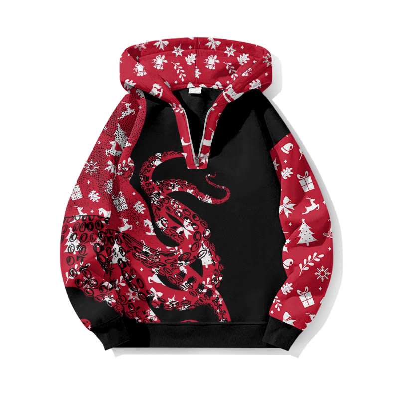 Christmas Reindeer Pattern Patchwork Japanese Art Octopus Print Half Zip Hoodie - Black - US32-34(5XL) - image 2