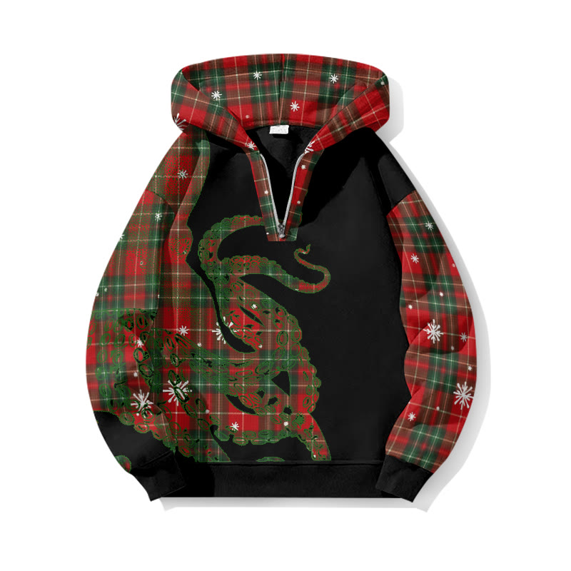 Christmas Snowflake Plaid Patchwork Japanese Art Octopus Print Half Zip Hoodie - Black - US32-34(5XL) - image 2
