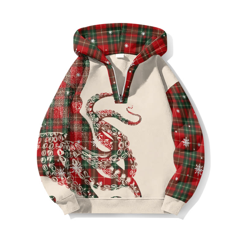 Christmas Snowflake Plaid Patchwork Japanese Art Octopus Print Half Zip Hoodie - Apricot - US32-34(5XL) - image 1