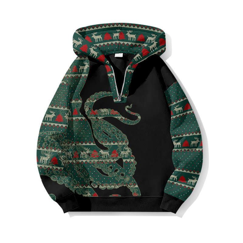 Christmas Reindeer Faux Knit Pattern Patchwork Japanese Art Octopus Print Half Zip Hoodie - Black - US32-34(5XL) - image 3