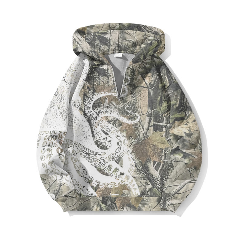 Dead Leaves Camouflage Patchwork Japanese Art Octopus Print Half Zip Hoodie - White - US32-34(5XL) - image 2