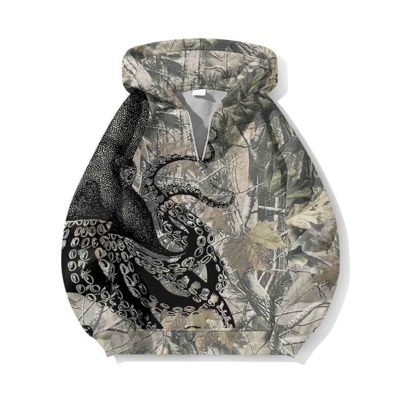 Dead Leaves Camouflage Patchwork Japanese Art Octopus Print Half Zip Hoodie - Black - US32-34(5XL) - image 1
