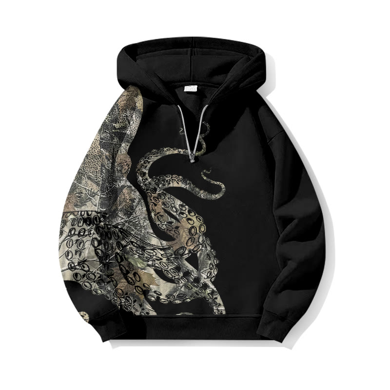 Japanese Art Octopus Dead Leaves Camouflage Print Half Zip Hoodie - Black - US32-34(5XL) - image 2
