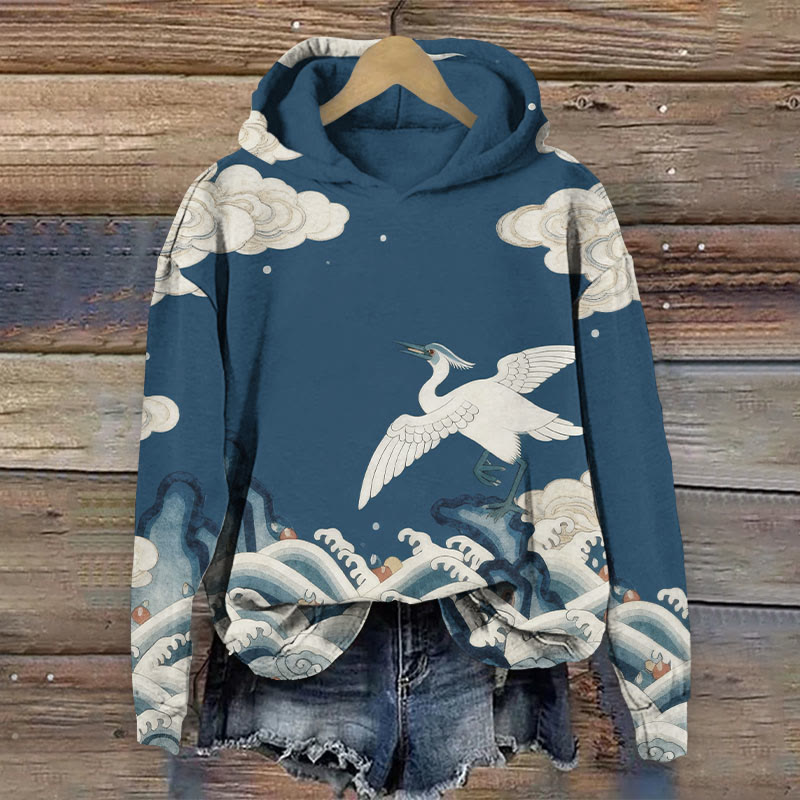 Japanese Vintage Water White Crane In The Sky Art Print Long Sleeve Hoodie - Blue - US44-46(8XL) - image 2
