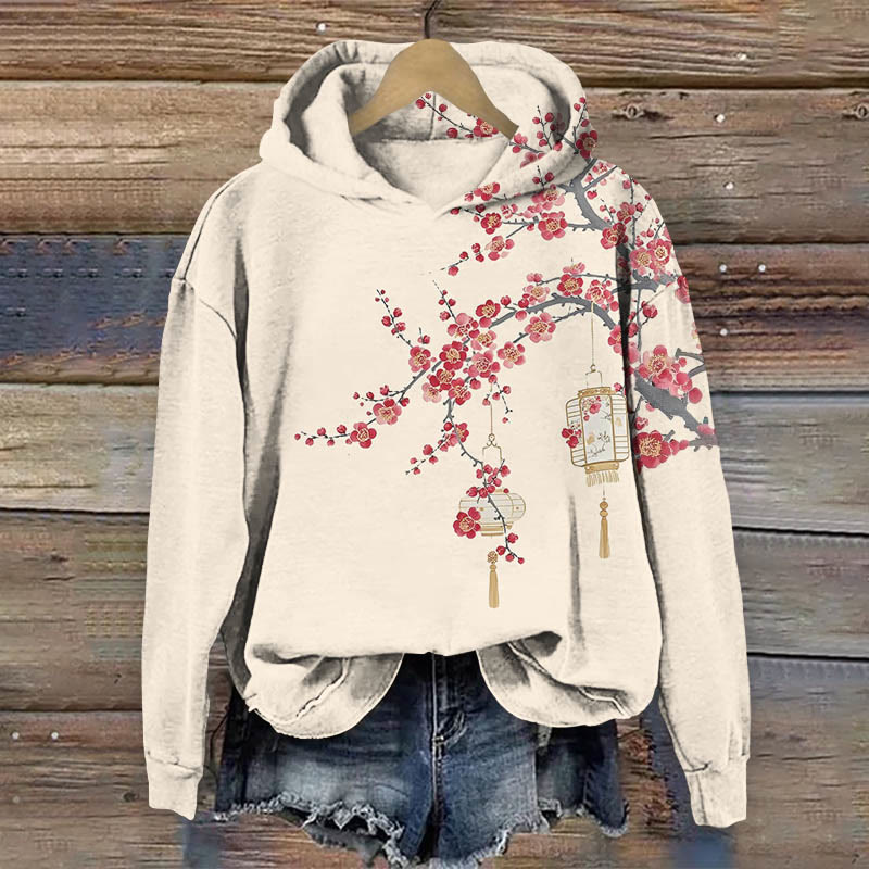 Japanese Lantern Hanging On Sakura Tree Art Print Long Sleeve Hoodie - Apricot - US44-46(8XL) - image 1