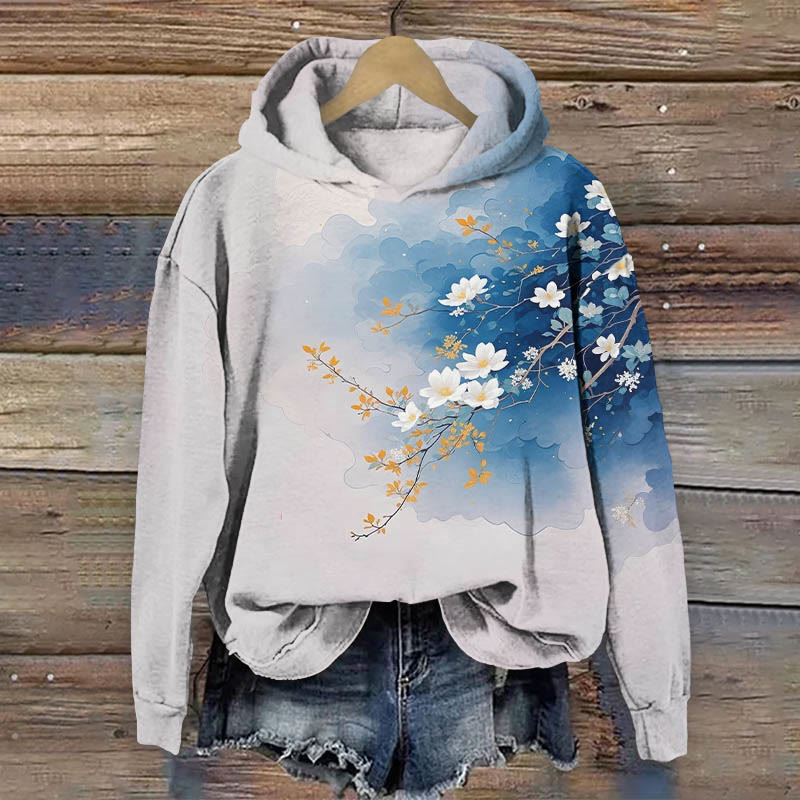 Japanese Watercolor Cherry Blossom Art Print Long Sleeve Hoodie - Blue - US44-46(8XL) - image 2