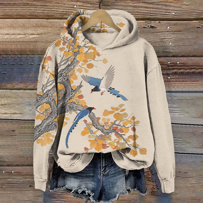 Japanese Vintage Autumn Maple Tree & Birds Art Print Long Sleeve Hoodie - Apricot - US44-46(8XL) - image 2