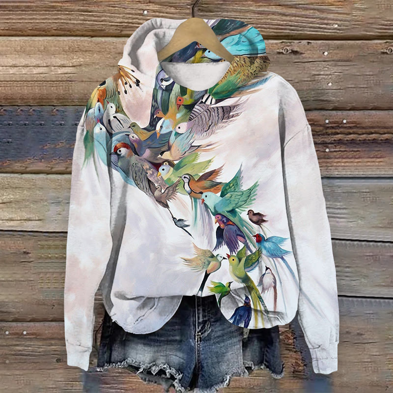 Women's Casual Bird Art Pattern Long Sleeve Hoodie - Light Gray - 8XL - image 1