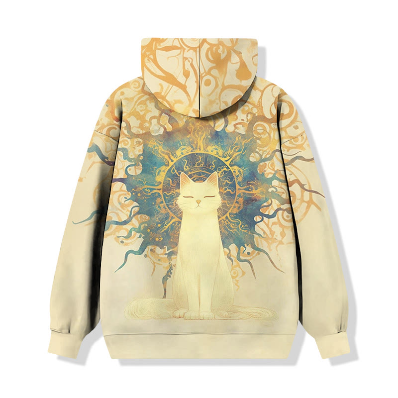 Retro Sun Cat Print Long Sleeve Hoodie - Khaki - 8XL - image 1