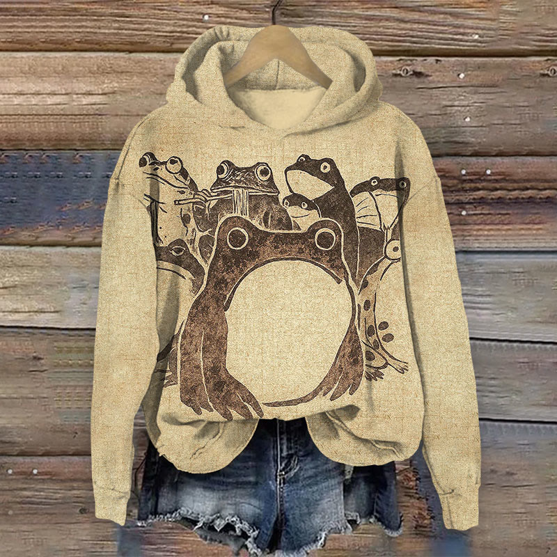 Japanese Vintage Frogs Art Long Sleeved Hoodie - Khaki - 8XL - image 1