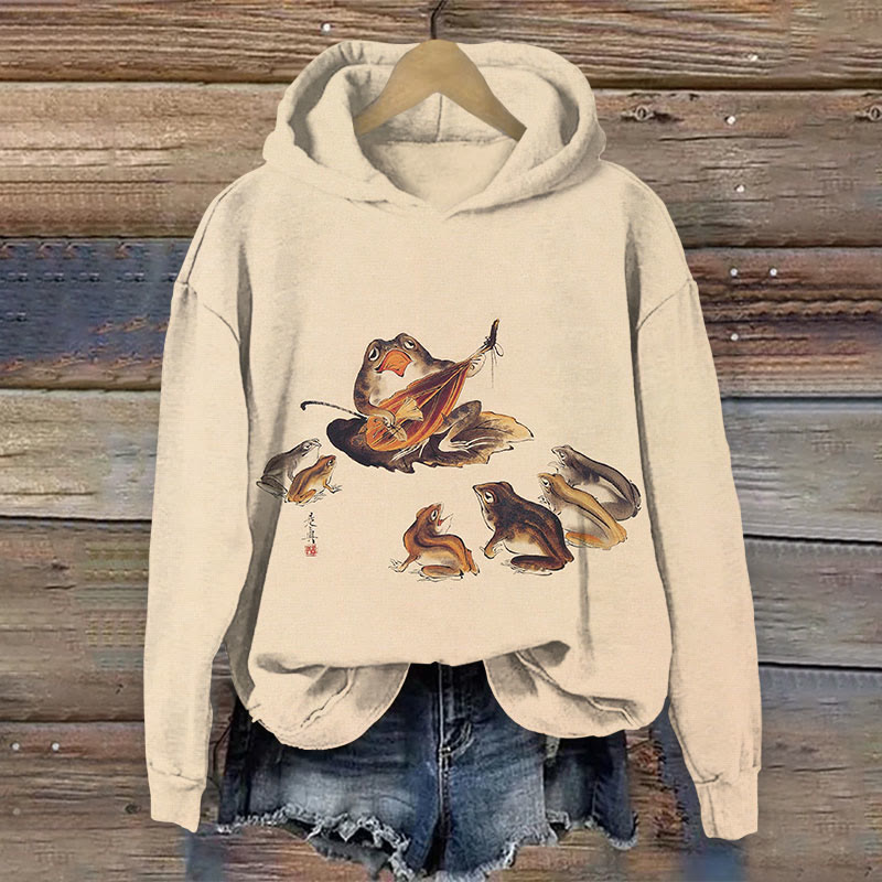 Japanese Funny Frog Playing Guitar Art Long Sleeved Hoodie - Apricot - 8XL - image 1