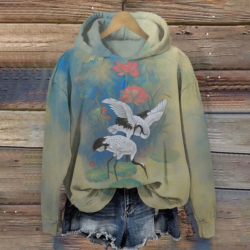 Japanese Vintage White Crane & Lotus Blossom Long Sleeved Hoodie - Green - 8XL - image 1