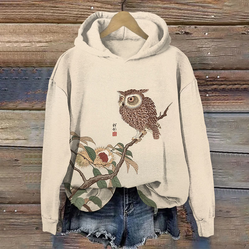 Creative Owl Standing On The Branch Long Sleeved Hoodie - Apricot - 8XL - image 1