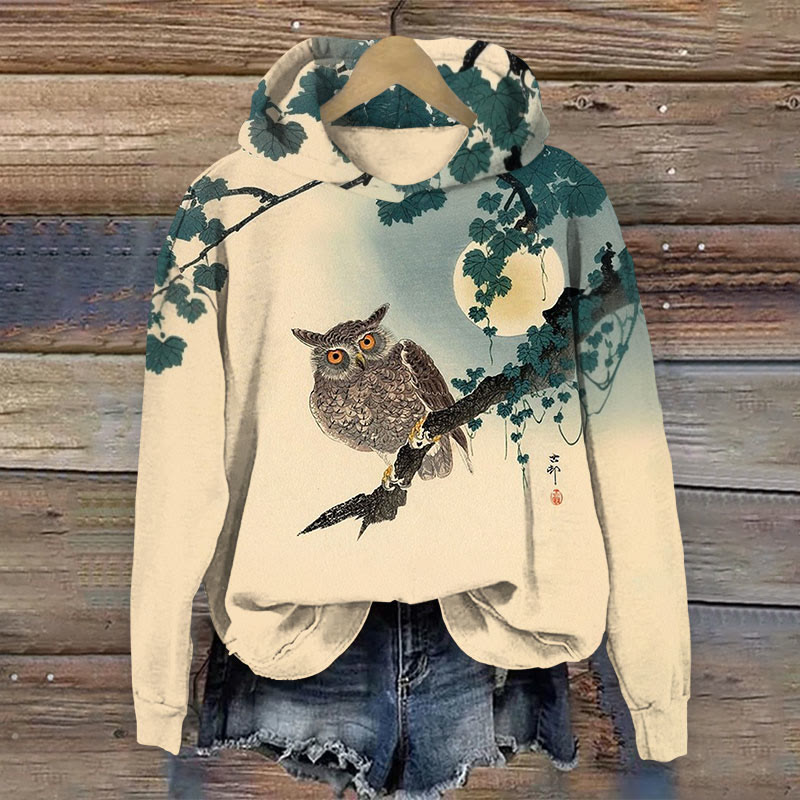 Japanese Vintage Funny Owl Art Long Sleeved Hoodie - Apricot - 8XL - image 1