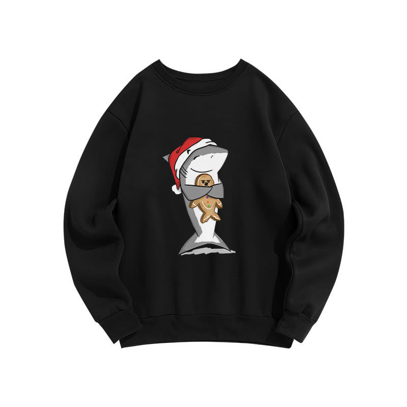 Christmas Lovely Shark Holding Gingerbread Man Print Crew Neck Sweatshirt - Black - US16-18(2XL) - image 2