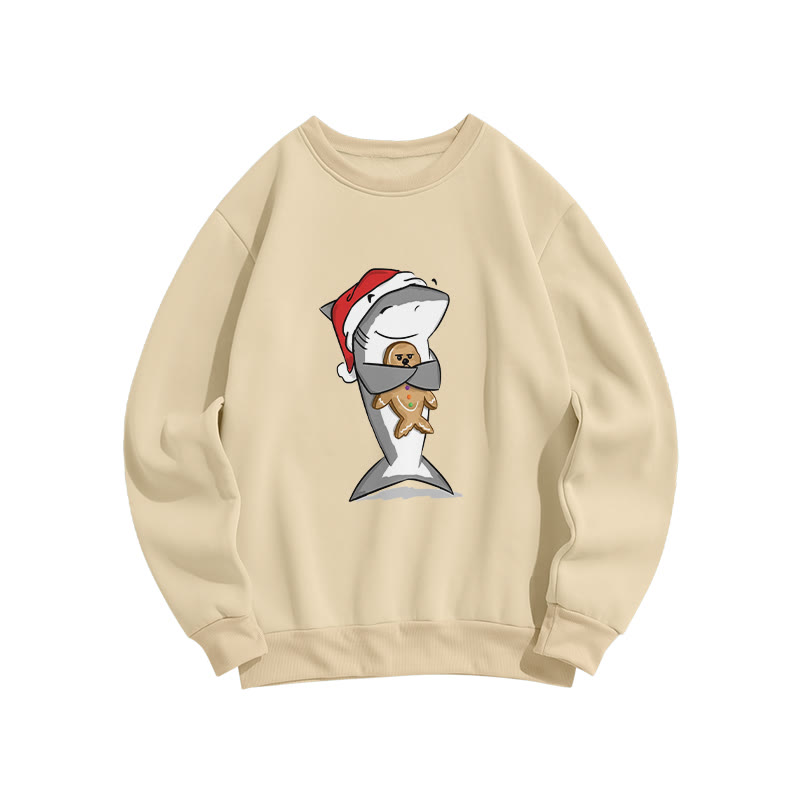 Christmas Lovely Shark Holding Gingerbread Man Print Crew Neck Sweatshirt - Apricot - US16-18(2XL) - image 1