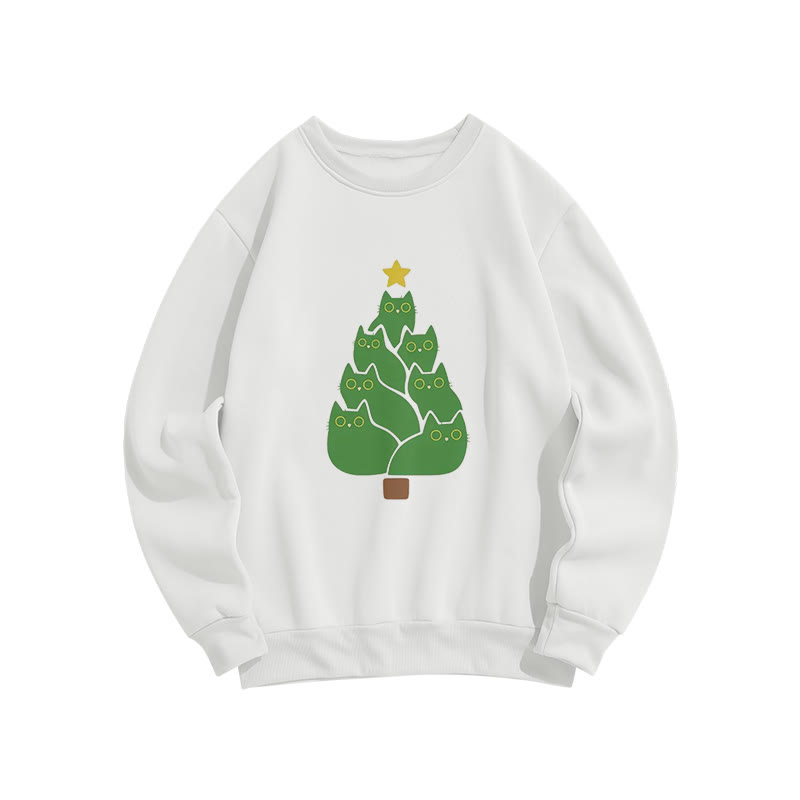 Creative Cat Christmas Tree Print Crew Neck Sweatshirt - White - US16-18(2XL) - image 1