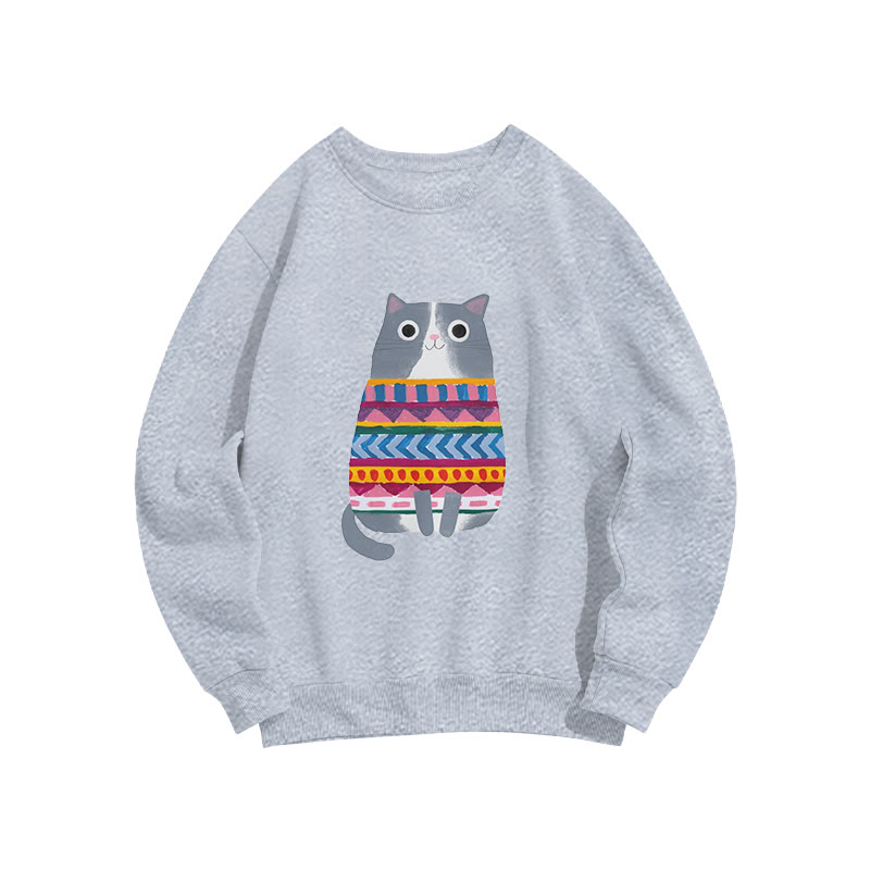 Funny Cat Wearing Colorful Striped Sweater Print Crew Neck Sweatshirt - Grey - US16-18(2XL) - image 1