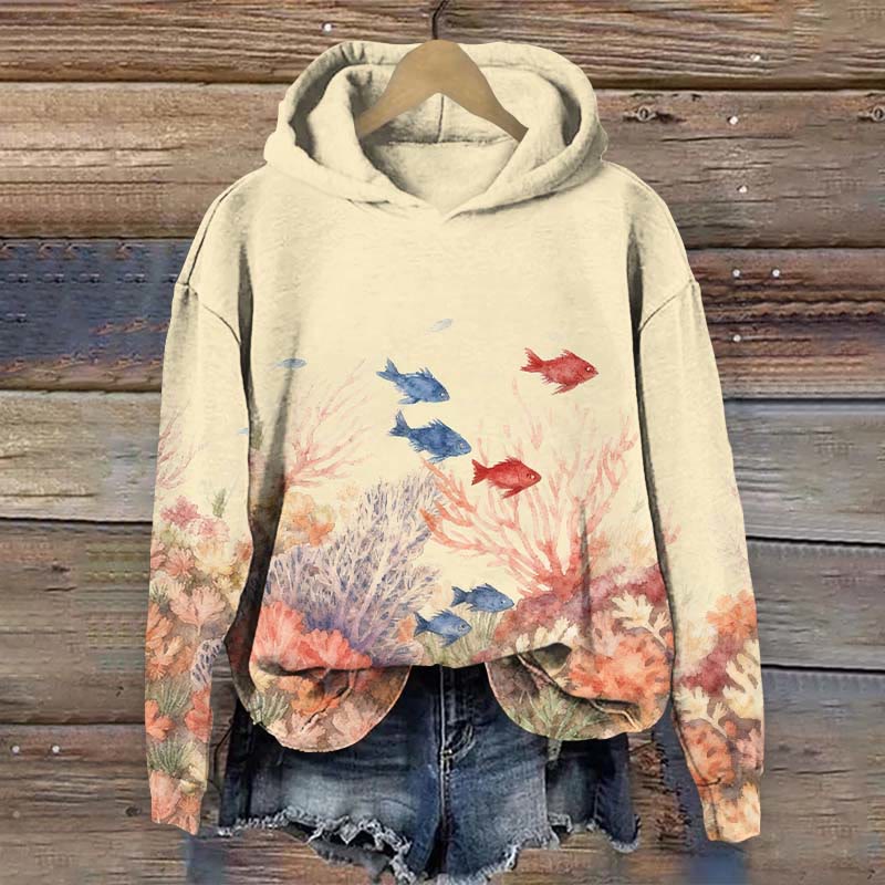 Underwater Fish Ocean Print Long Sleeve Hoodie - Yellow - US44-46(8XL) - image 2