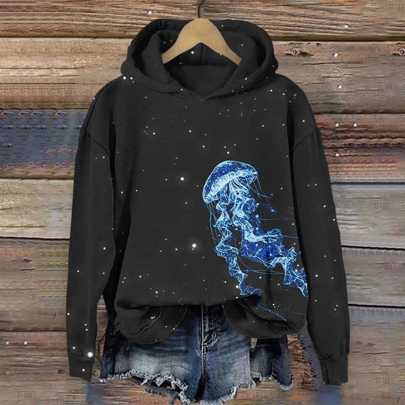 Mystic Starry Jellyfish Art Print Long Sleeve Hoodie - Black - US44-46(8XL) - image 2