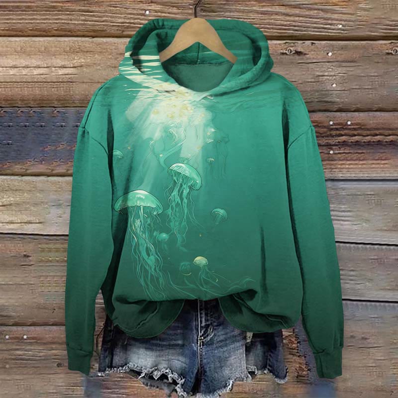 Deep Sea Jellyfish Ocean Art Print Long Sleeve Hoodie - Green - US44-46(8XL) - image 1