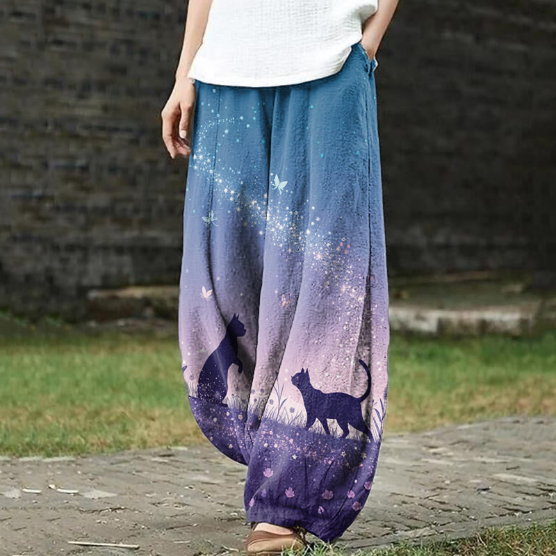 Starry Sky And Cat Art Print Casual Pants - Purple - US18(5XL) - image 1