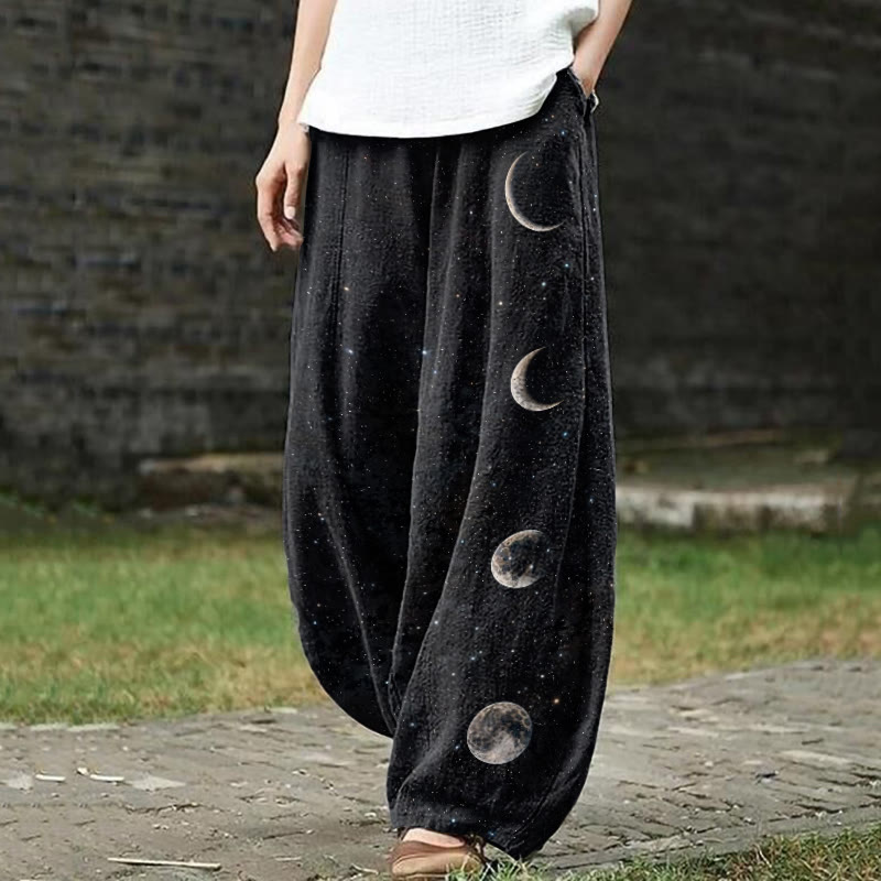 Shiny Moon and Earth Pattern Art Print Casual Pants - Black - US18(5XL) - image 1