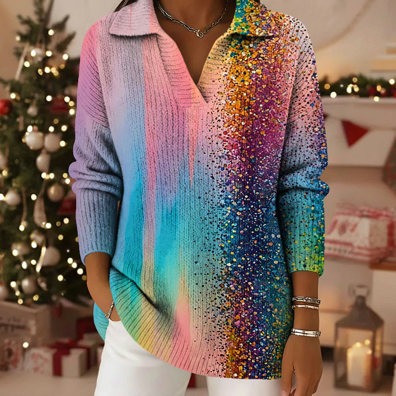 Shimmering Gradient Polo Collar Long Sleeved Sweater - Pink - 5XL - image 1