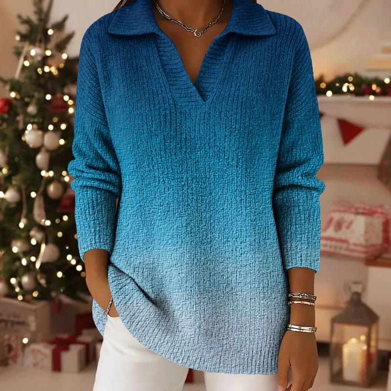 Gradient Pattern Polo Collar Long Sleeved Sweater - Blue - 5XL - image 2
