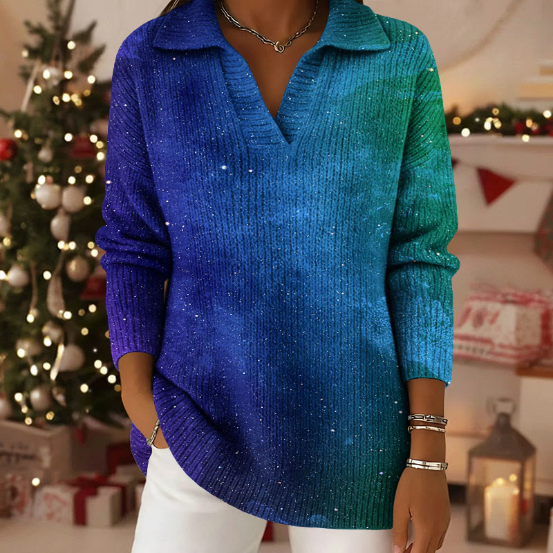 Starry Sky Gradient Pattern Polo Collar Long Sleeved Sweater - Dark Blue - 5XL - image 1