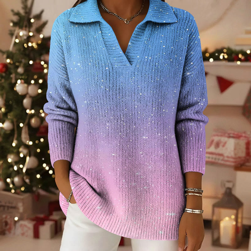 Shimmering Gradient Pattern Polo Collar Long Sleeved Sweater - Blue - 5XL - image 1