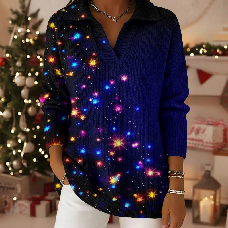 Colorful Neon Pattern Polo Collar Long Sleeved Sweater - Dark Blue - 5XL - image 1