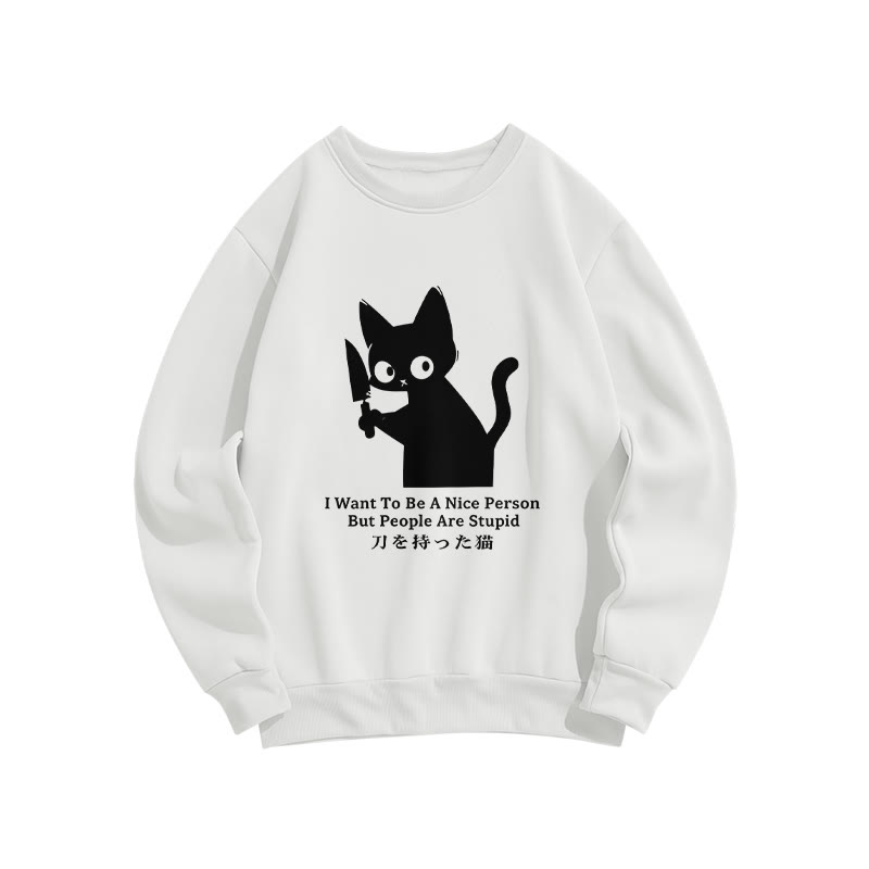 Black Cat With A Knife Japan Classic Crew Neck Sweatshirt - White - US16-18(2XL) - image 1