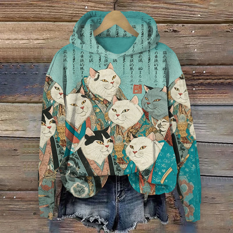  Formal Gathering of Ukiyo-e Cat Nobles  Print Long Sleeve Hoodie - Blue - 8XL - image 1