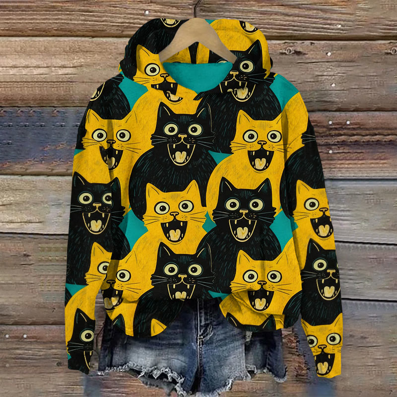 Yellow Cat And Black Cat Print Long Sleeve Hoodie - Yellow - 8XL - image 1