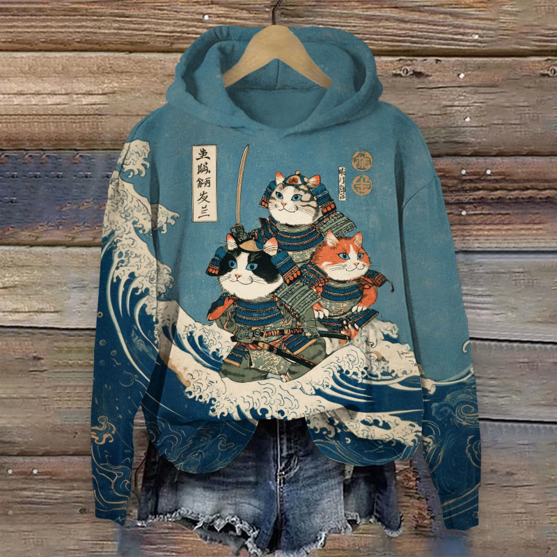 Retro Japanese Style Cat Print Long Sleeved Hoodie - Dark Blue - 8XL - image 1