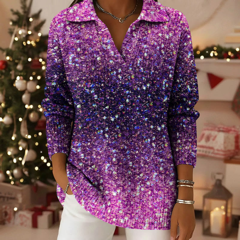 Gradient Sequined Glitter Pattern Polo Collar Long Sleeved Sweater - Purple - 5XL - image 1