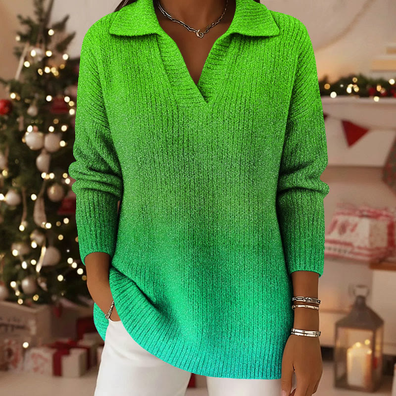 Three Color Gradient Glitter Pattern Polo Collar Long Sleeved Sweater - Green - 5XL - image 2