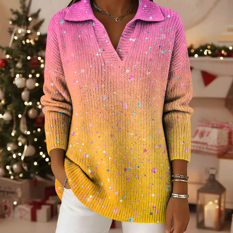 Gradient Gold Sequin Pattern Polo Collar Long Sleeved Sweater - Yellow - 5XL - image 1