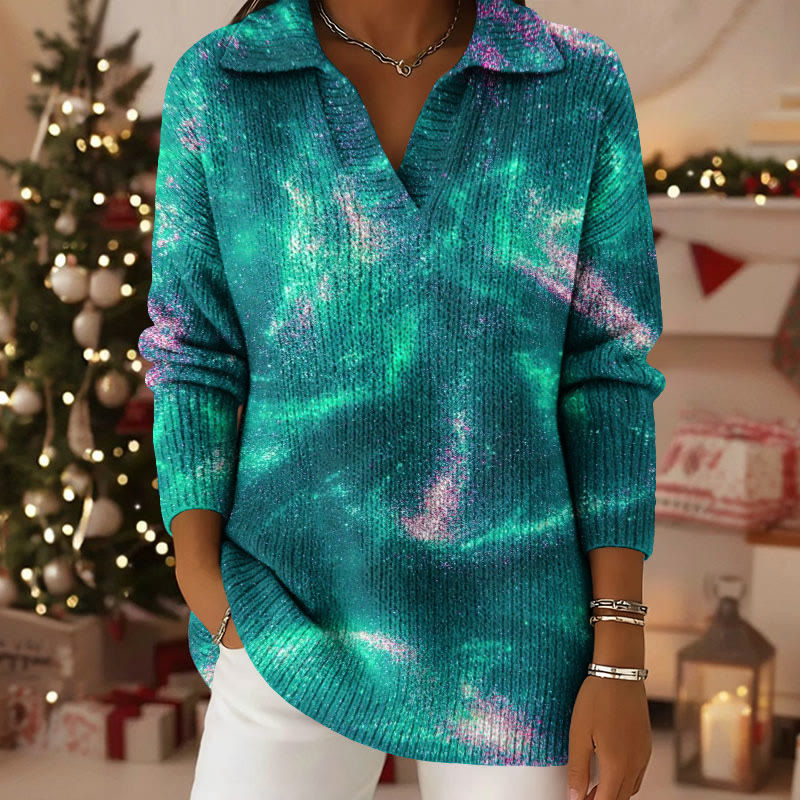 Gradient Water Glow Pattern Polo Collar Long Sleeved Sweater - Dark Green - 5XL - image 1