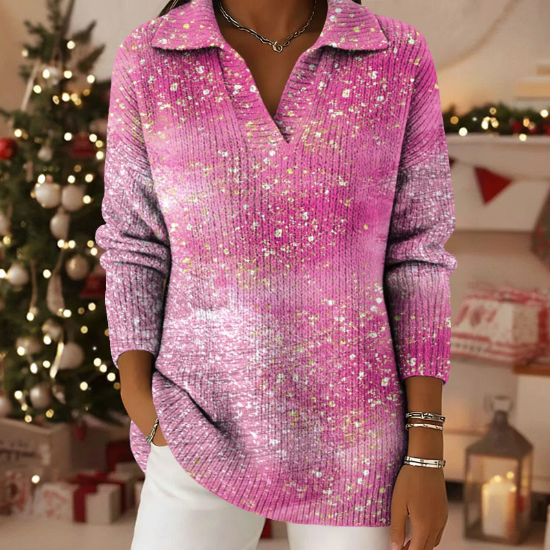 Tie Dye Gold Foil Pattern Polo Collar Long Sleeved Sweater - Pink - 5XL - image 1